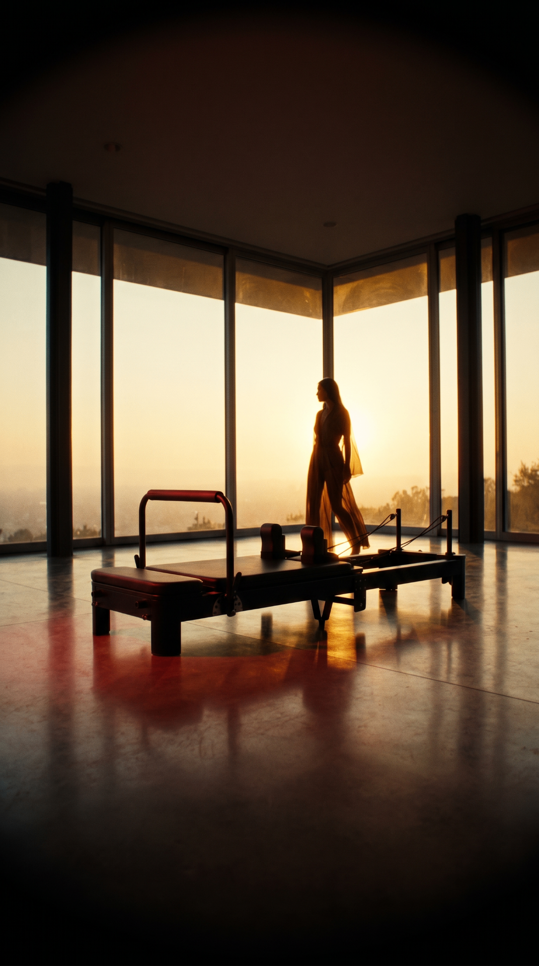 Reformer pilates bij zonsondergang