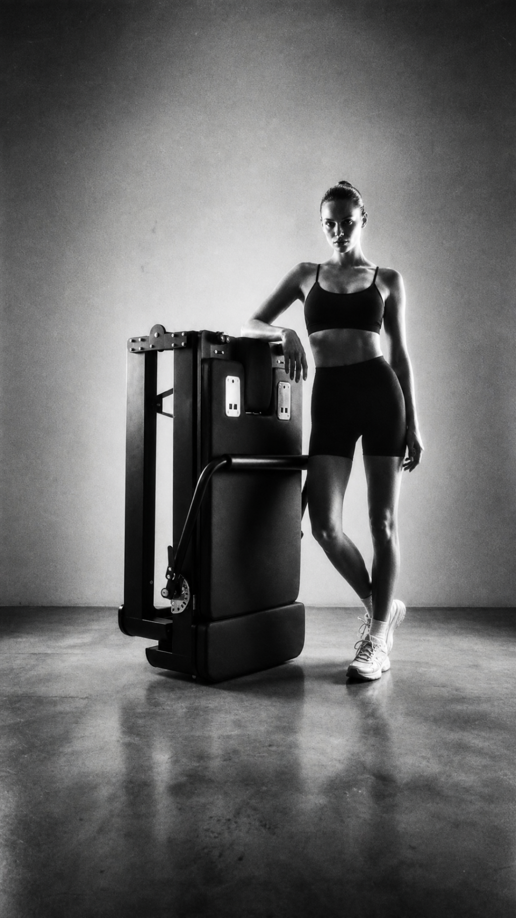 Opvouwbare Plio reformer met atlete ernaast