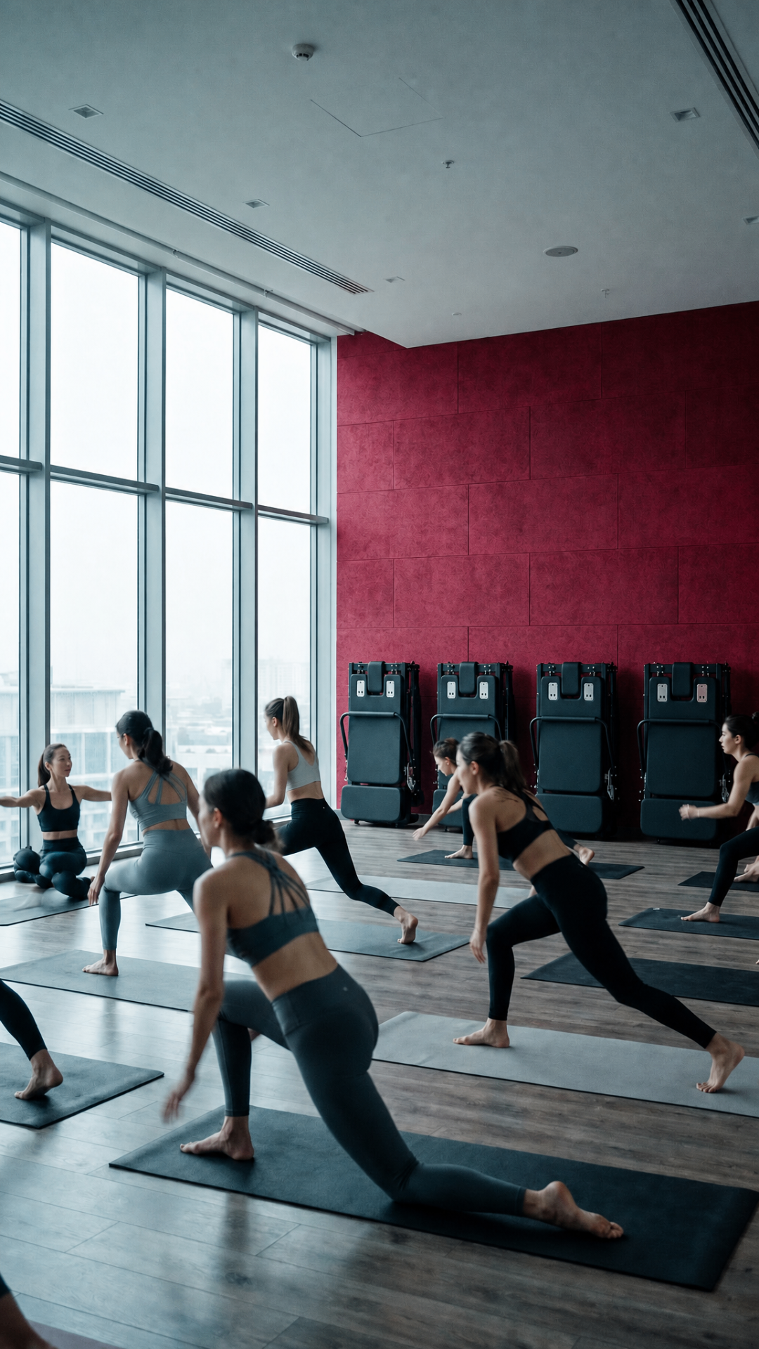 Pilates groepsles met opgevouwen Plio reformers tegen rode wand